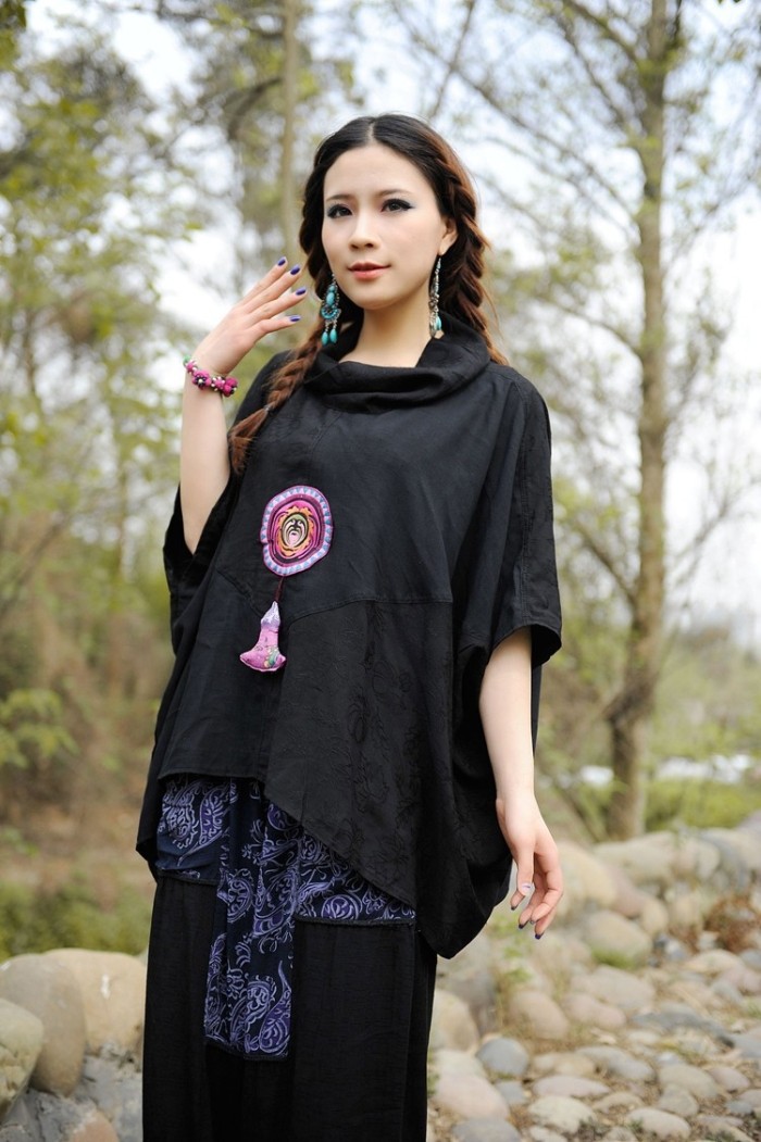 2016云南民族风新款蝙蝠衣 宽松大码女装上衣 小鱼装饰 .