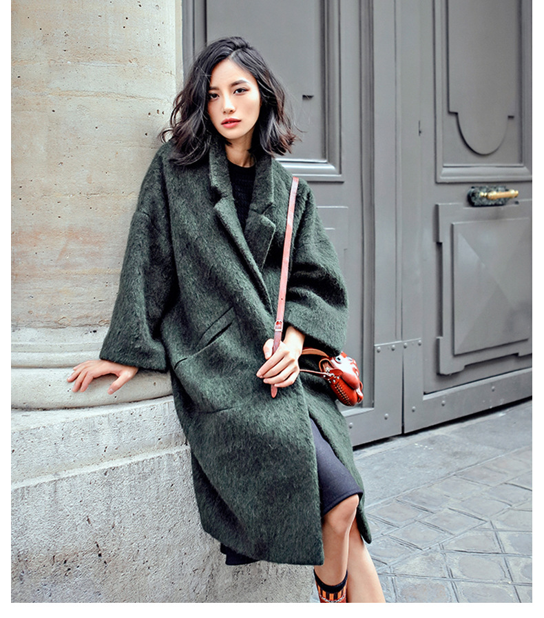 audrey wang**原创设计2016秋冬女款墨绿美丽诺 毛呢大衣外套女