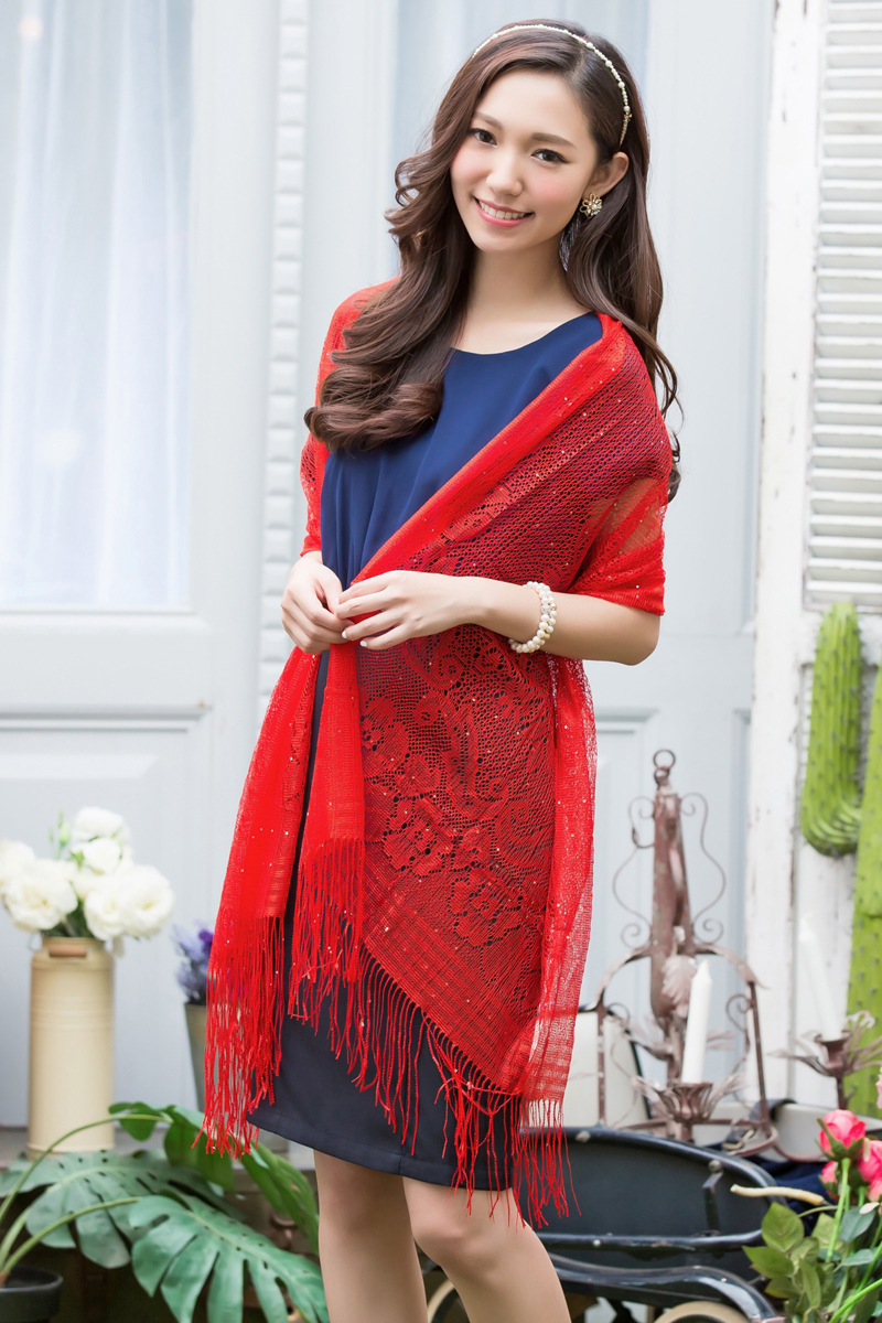 名媛蕾丝小披肩宴会礼服百搭烫钻须边长款小披肩c88015