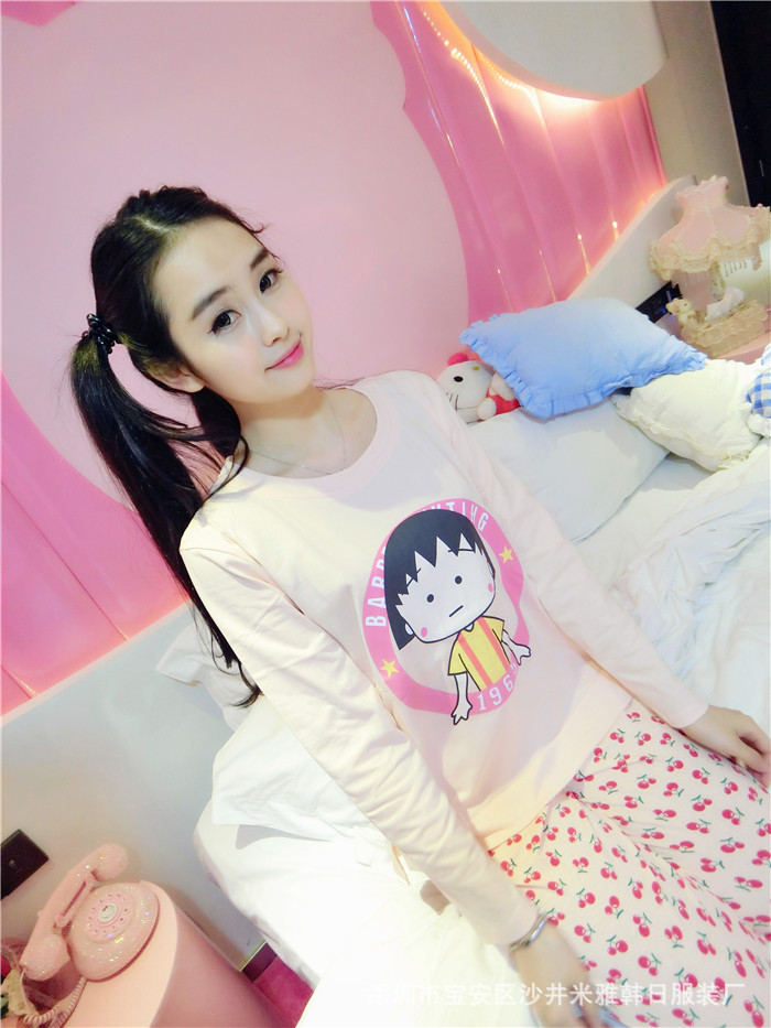 秋季新款韩版可爱樱桃小丸子卡通纯棉睡衣女休闲家居服套装代发