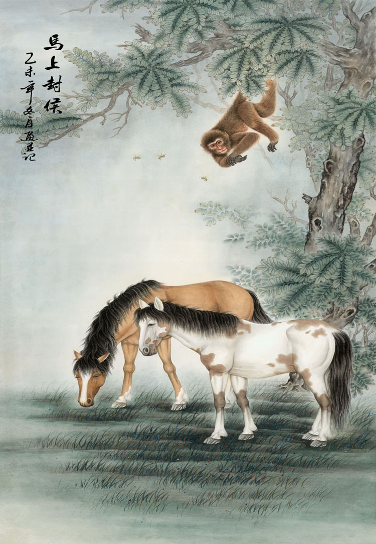 44642国画字画工笔动物猴子马上封侯家居装饰高仿真画芯批发