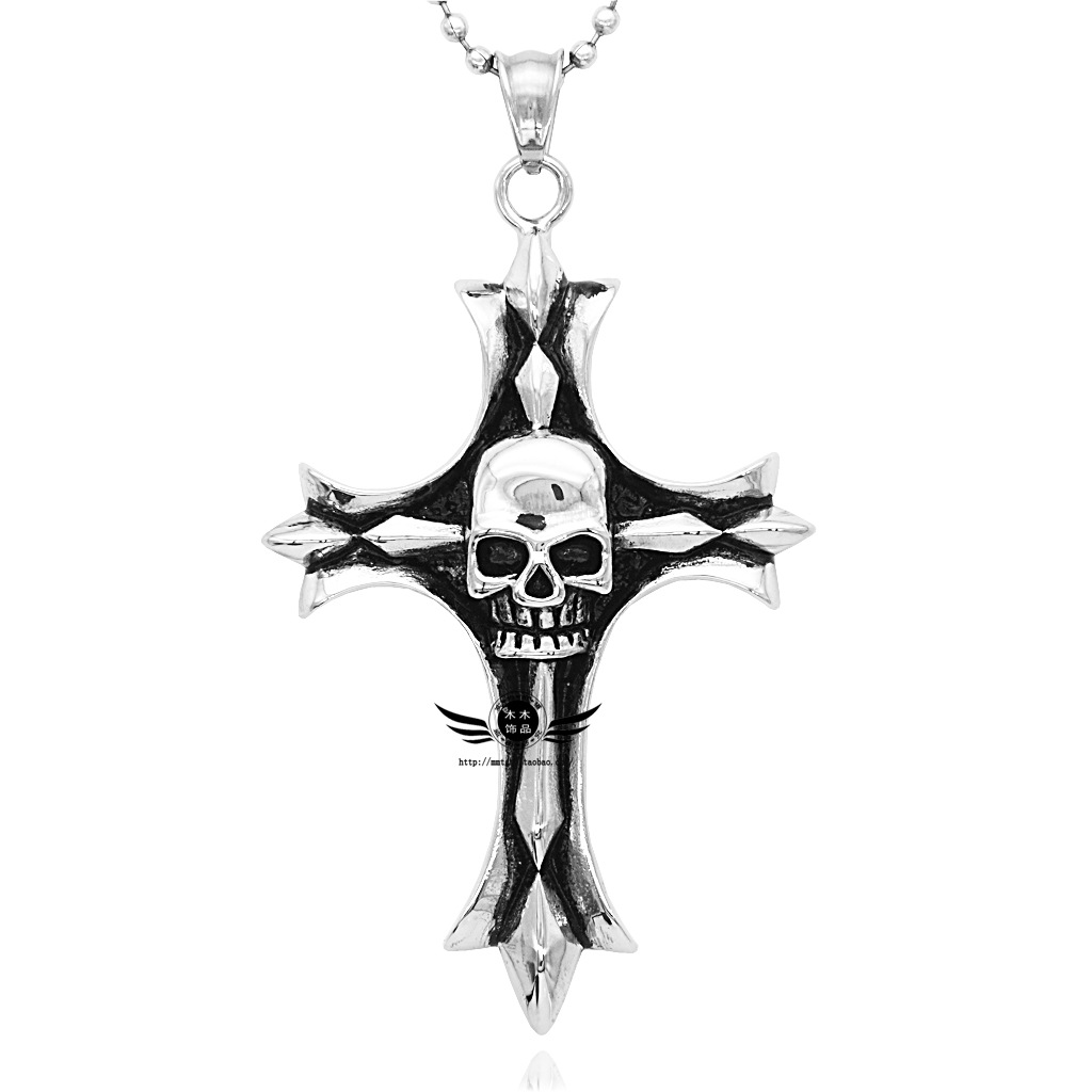 厂家直销 欧美时尚 摇滚个性 骷髅头十字架钛钢项链 男款挂饰吊坠