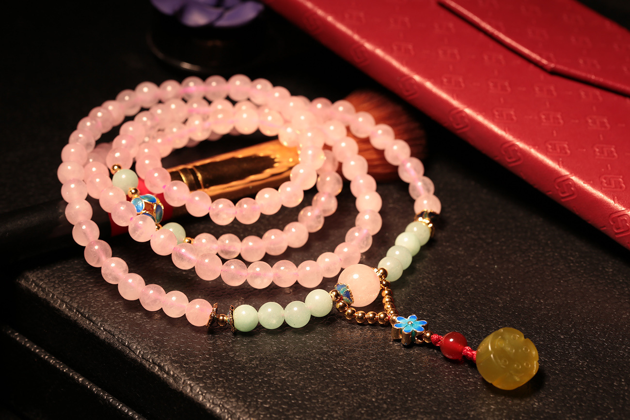 原创 天然粉水晶多圈手链 玉莲蓬配烤蓝饰