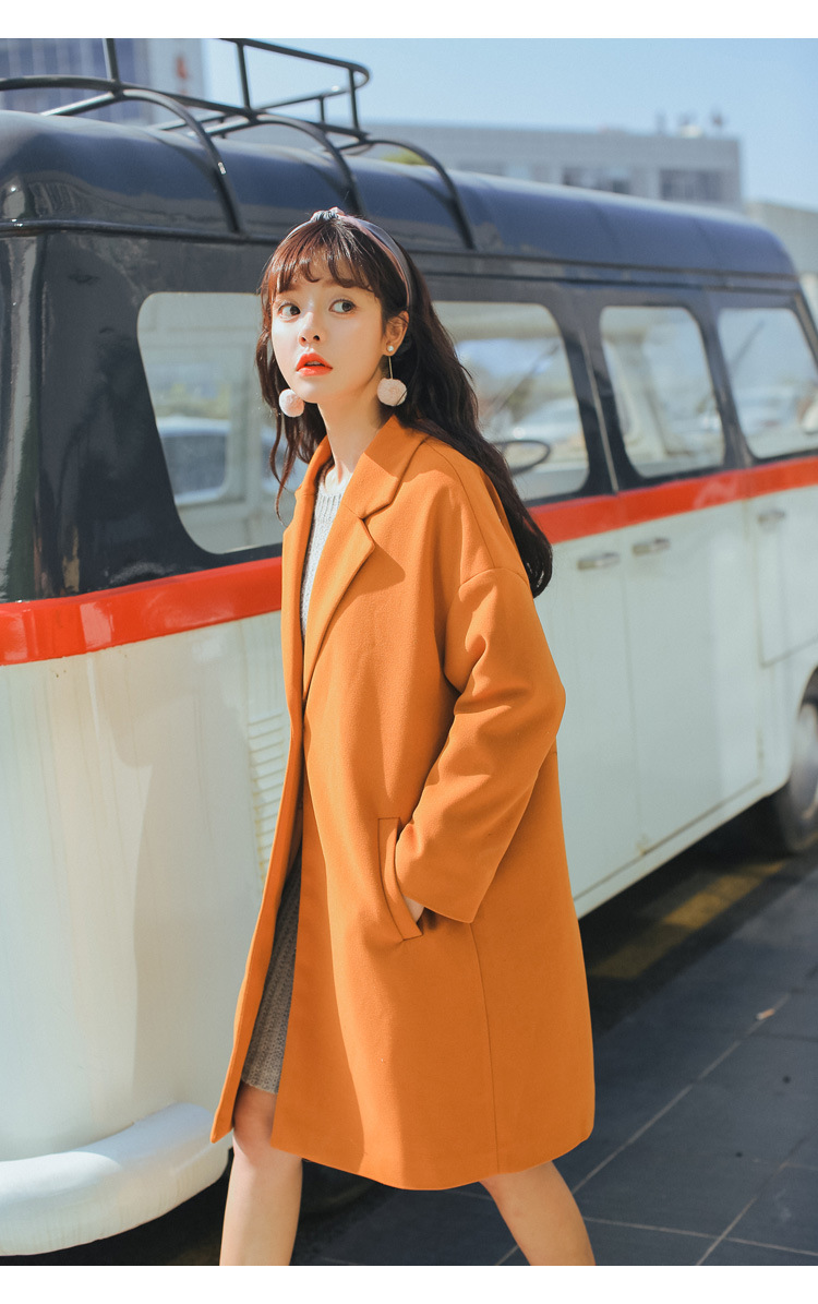 简约气质纯色羊毛外套 橘色修身翻领单扣毛呢大衣 长款加厚西装领