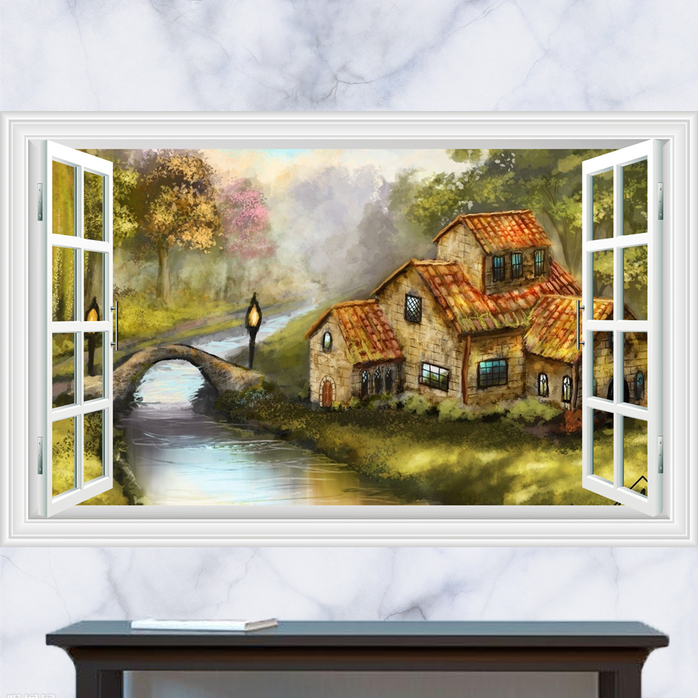 3d立体窗户乡村田园油画 小桥流水水彩画风景客厅墙贴纸壁画b248