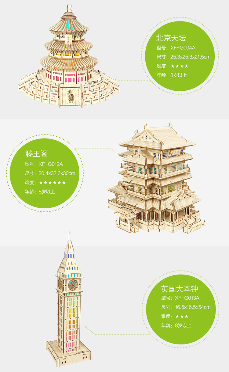 滕王阁 成人木制拼图立体仿真拼图拼装手工工艺品彩灯蓝牙播放器