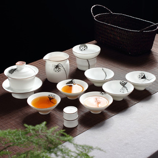 手绘莲蓬茶具套组陶瓷 功夫茶具普洱泡茶器高档送礼茶具含礼盒