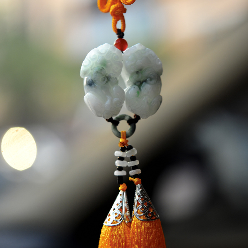 缅甸翡翠玉车挂双貔貅挂件汽车装饰品飘花貔貅车挂-阿里巴巴