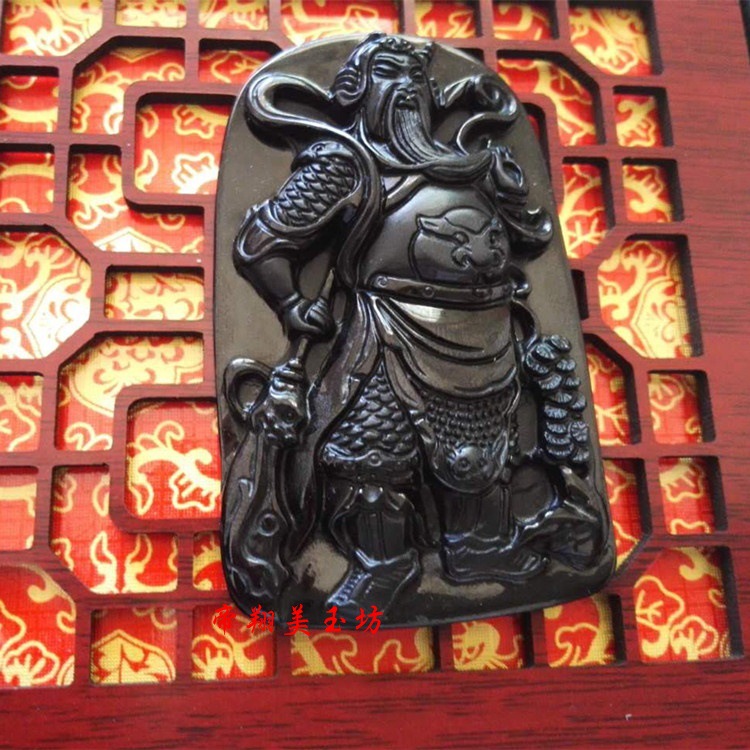 缅甸墨翠关公吊坠墨翠武财神挂件忠肝义胆关公玉坠