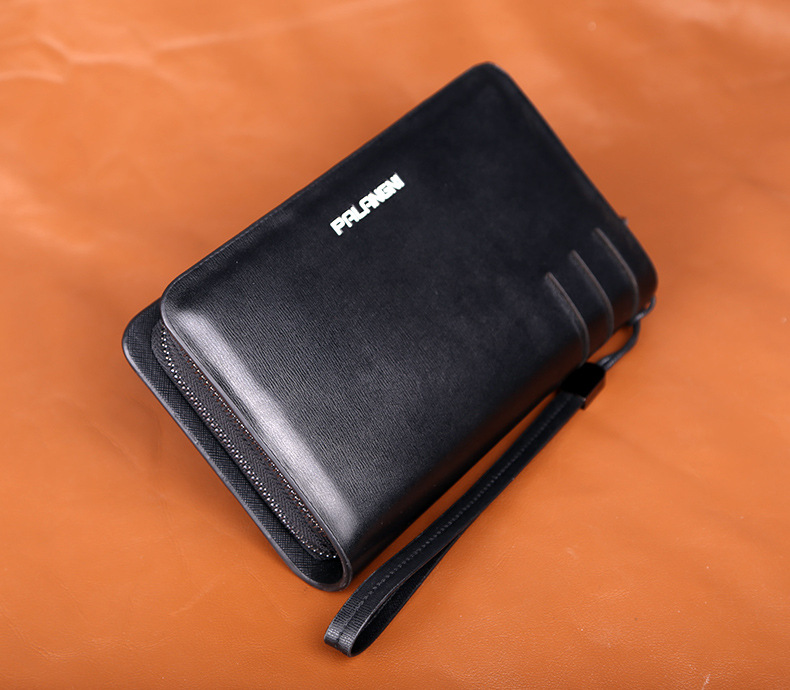 男士牛皮手包大号 黑色 双拉链亮皮商务老板手拿包夹包s75.