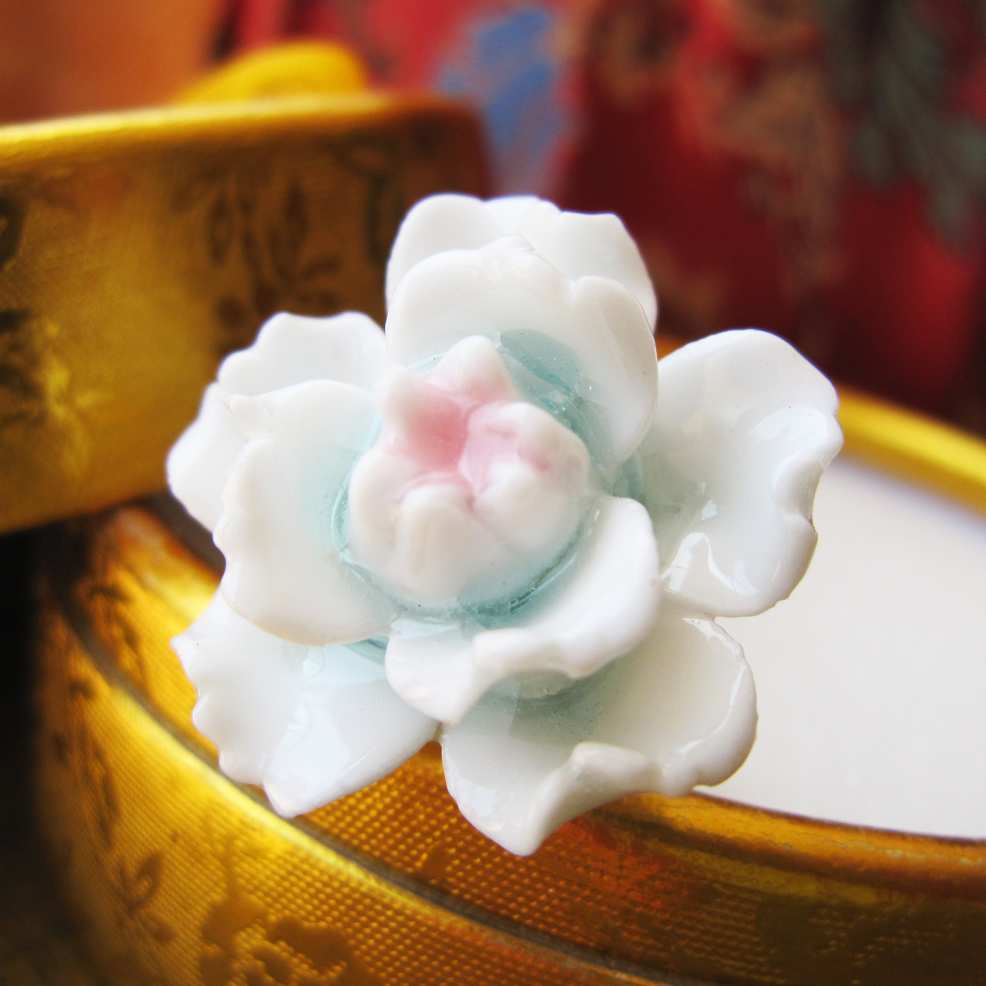 精美牡丹花戒指 手工捏成 高温烧制 多选送女孩礼品首饰 陶瓷饰品