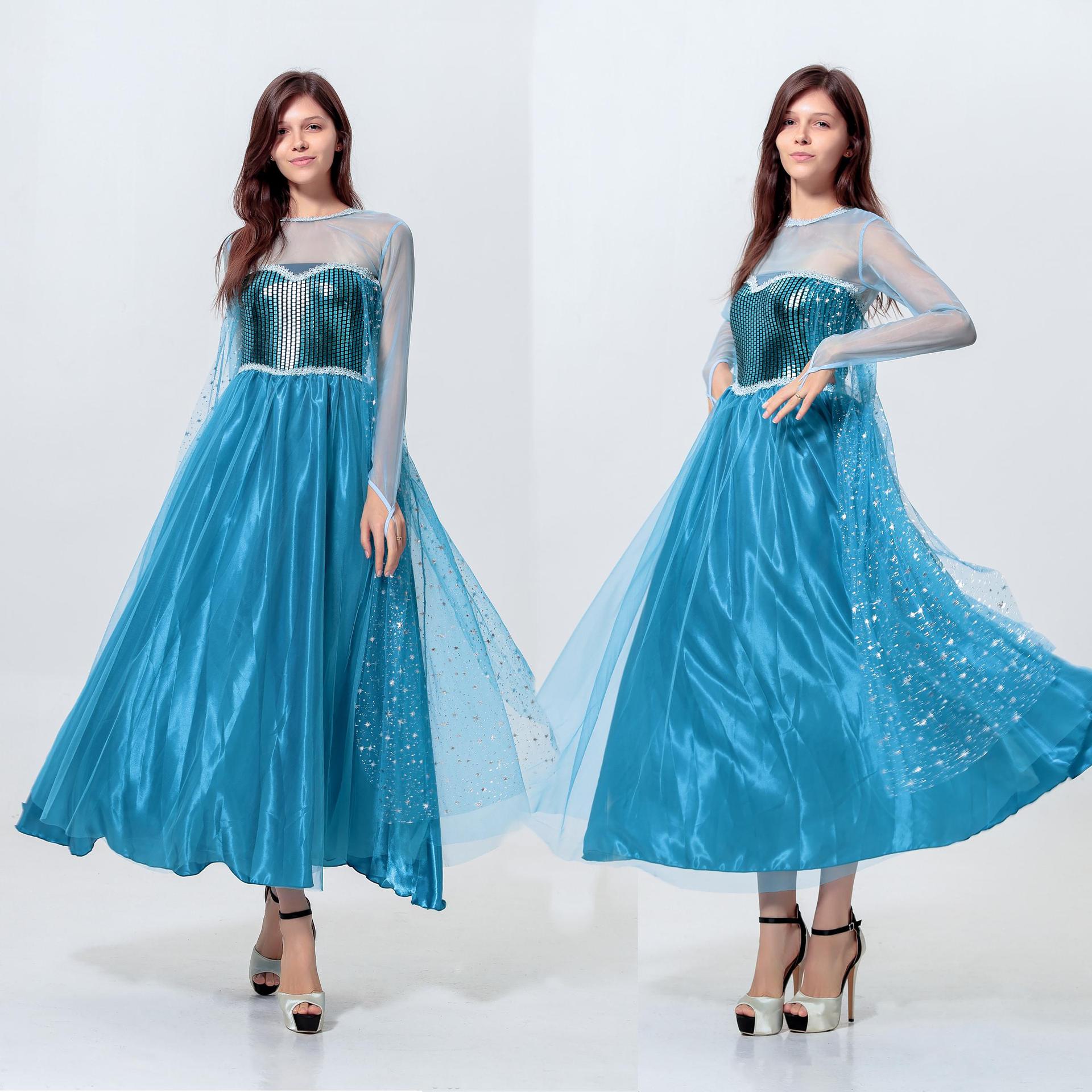 艾莎角色公主裙冰雪奇缘 万圣节cosplay童话公主女王装蓝色连衣裙
