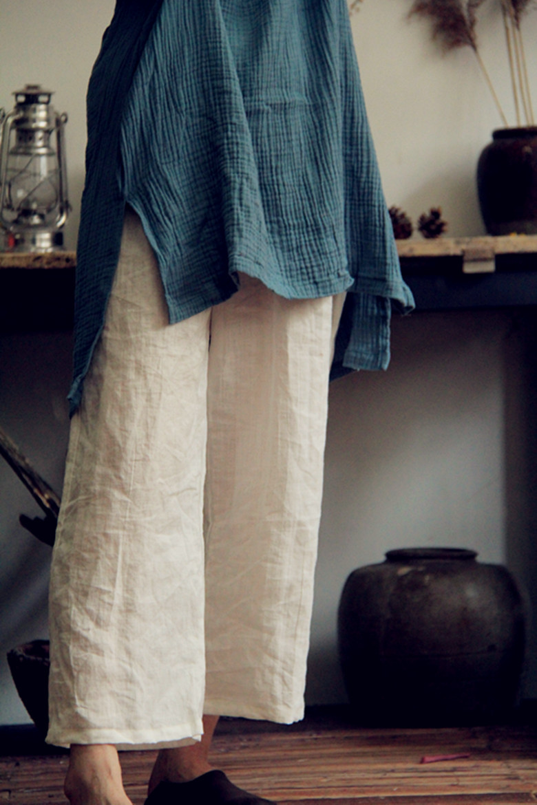 素年未央 1908 苎麻 小清新文艺复古白色八分裤阔腿裤