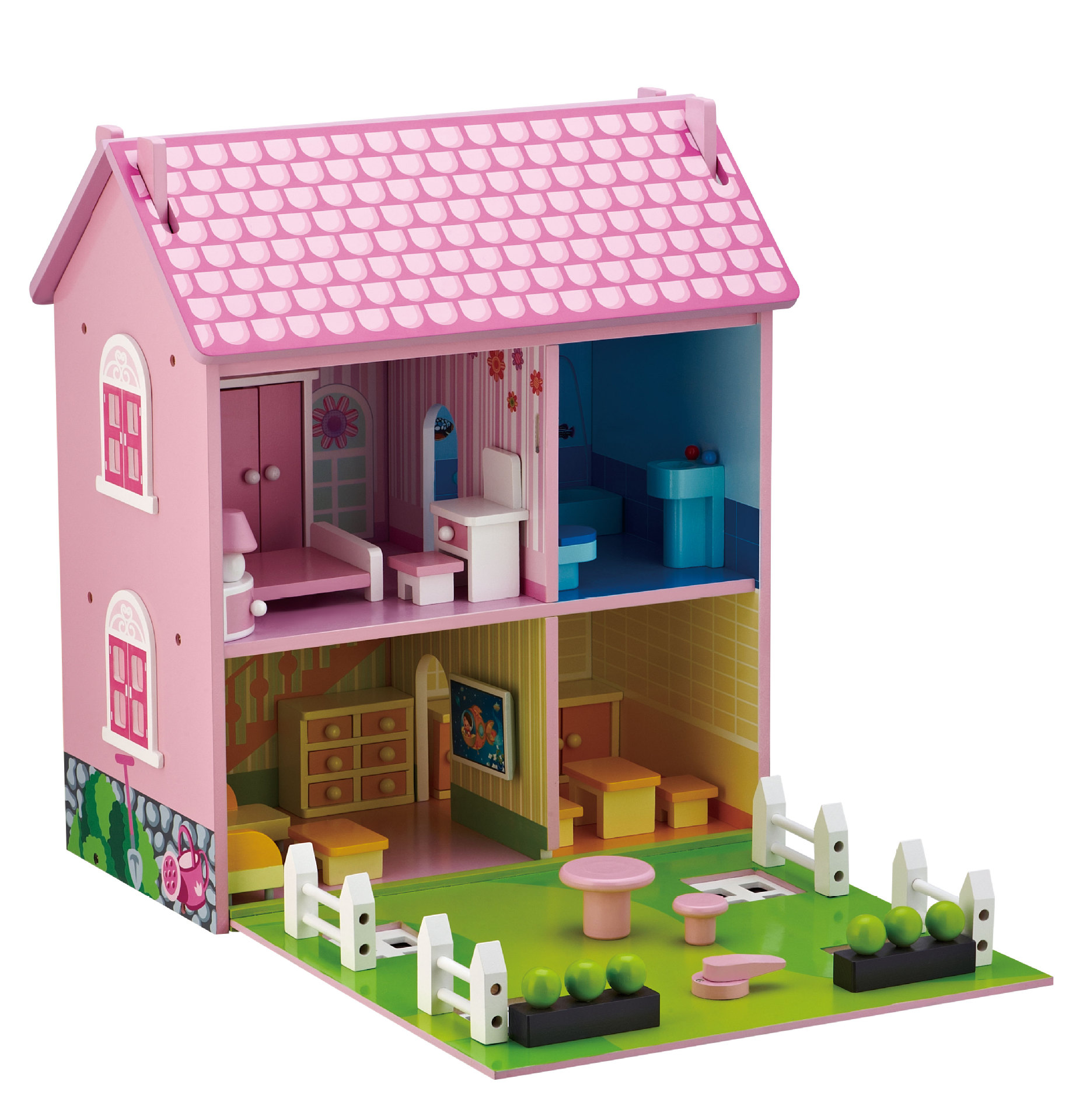 木制仿真粉红超大别墅模型大院子儿童过家家锻炼动手早教益智玩具