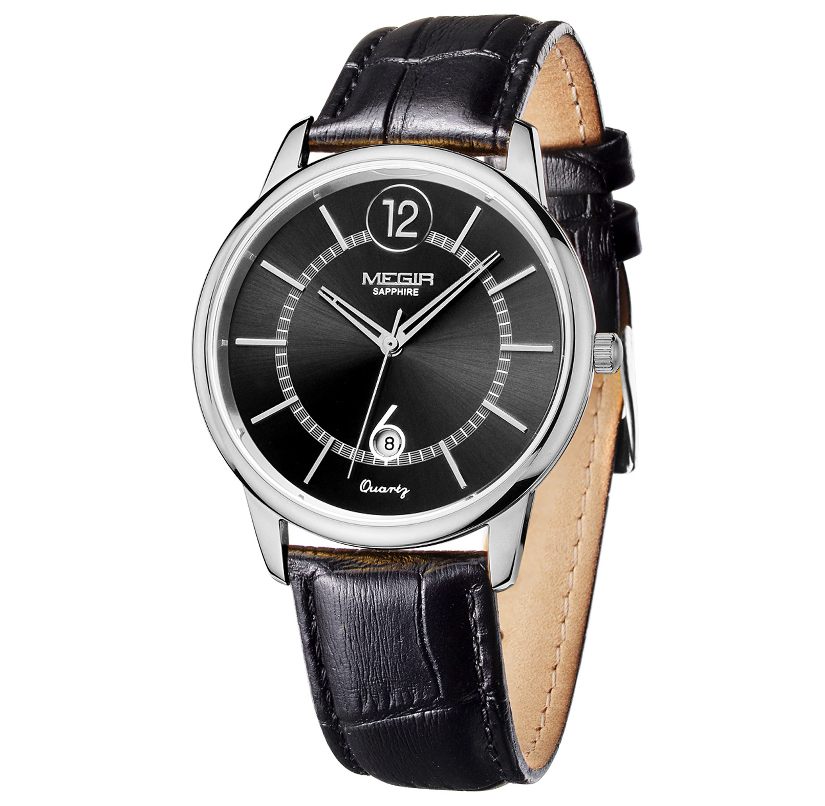 美格尔megir 简约条钉刻度带日历休闲商务石英皮带手表4153