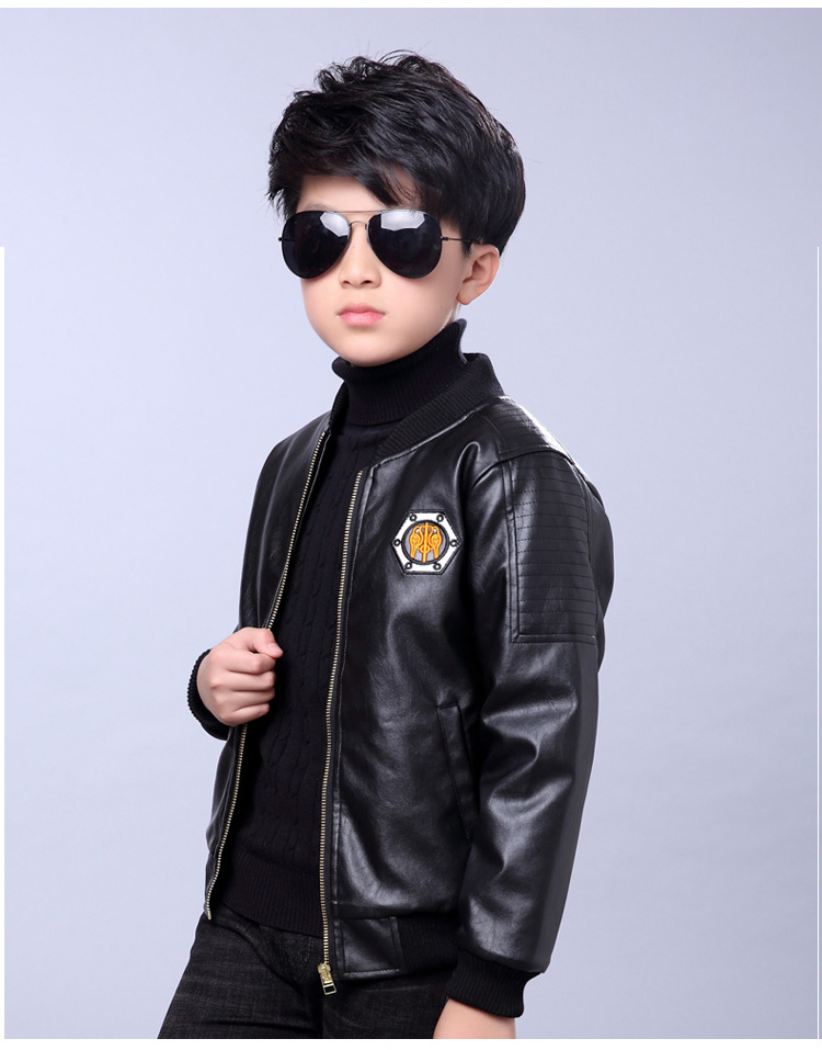 2017新款儿童皮衣男童装皮夹克加绒加厚皮外套潮中大童服装批发
