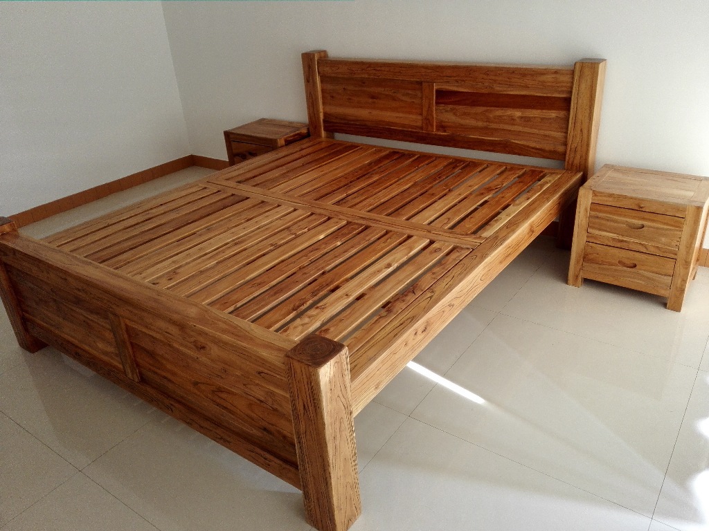 老榆木实木床老榆木家具简约现代榆木床1.5米1.8米双人床高箱床