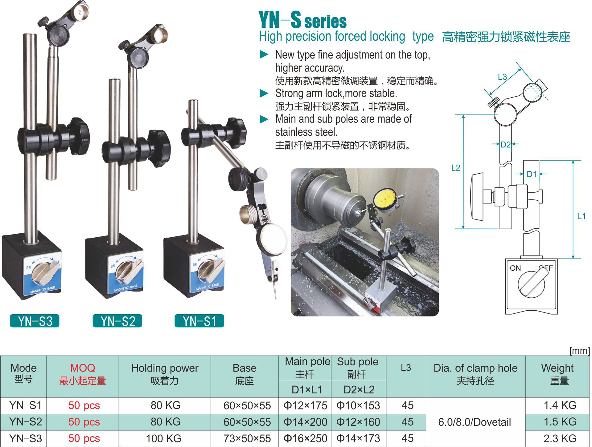 高精密强力锁紧型磁性表座 yn-s系列 forced locking type