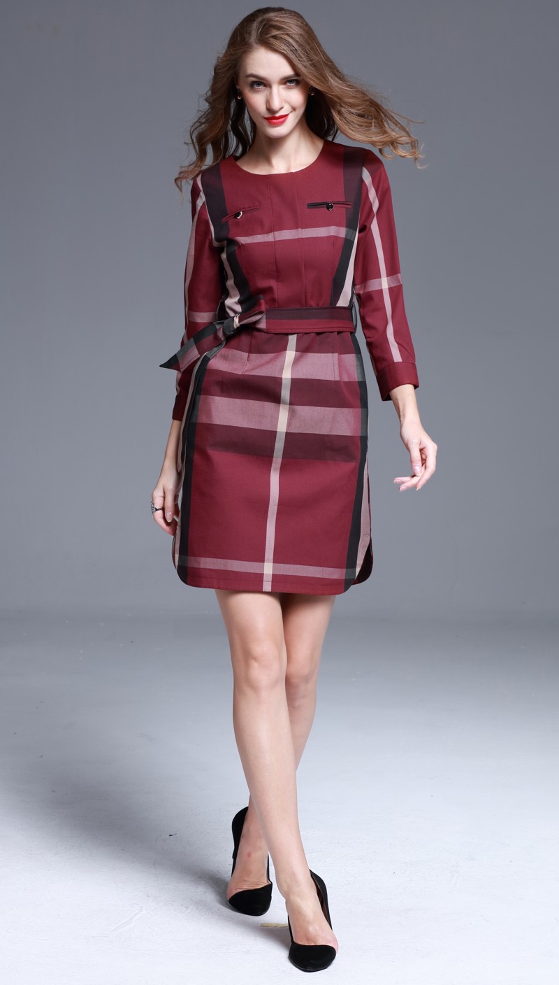 2016早秋新款英伦风对格子连衣裙优雅气质系带修身裙一件代销女装