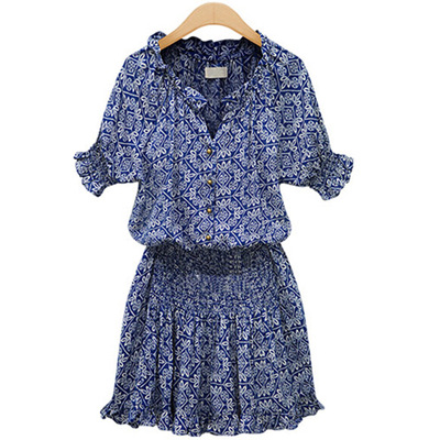 欧洲站外贸原单女装新款短袖印花棉质休闲百搭v领连衣裙厂价直销