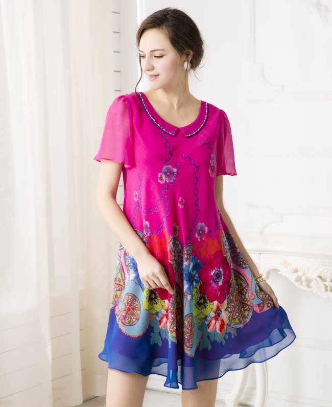 雪纺连衣裙妈妈装大摆裙大码女装夏季大花裙子中老年女士真丝长裙