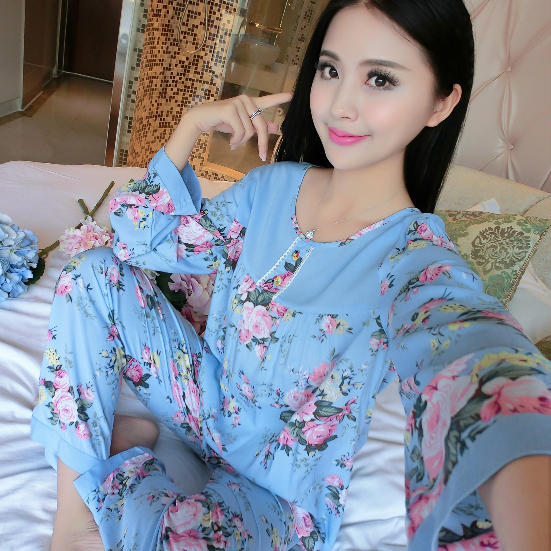 人棉睡衣长袖 秋季女士居家服棉绸新品爆款睡衣套装厂家直销代销