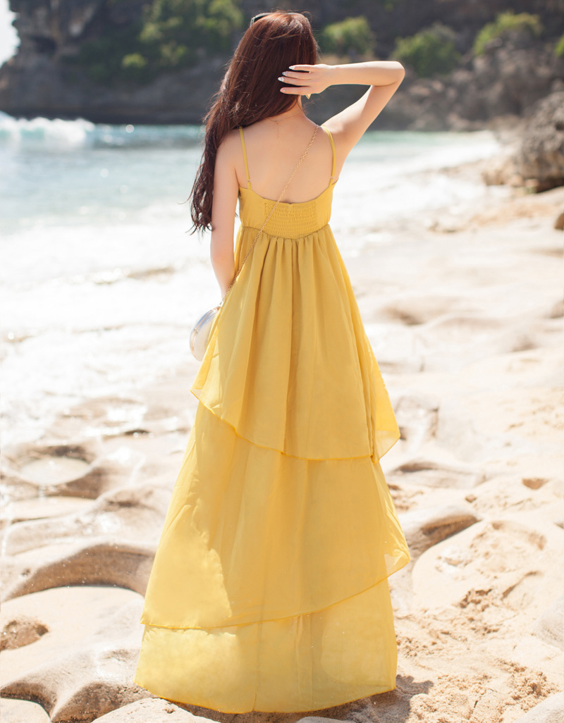 波西米亚夏雪纺度假沙滩裙长裙拖地长裙子不规则吊带连衣裙