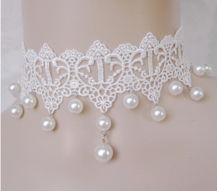 纯仙美哥特珍珠白色蕾丝项链 新娘礼服颈饰饰品假领子锁骨