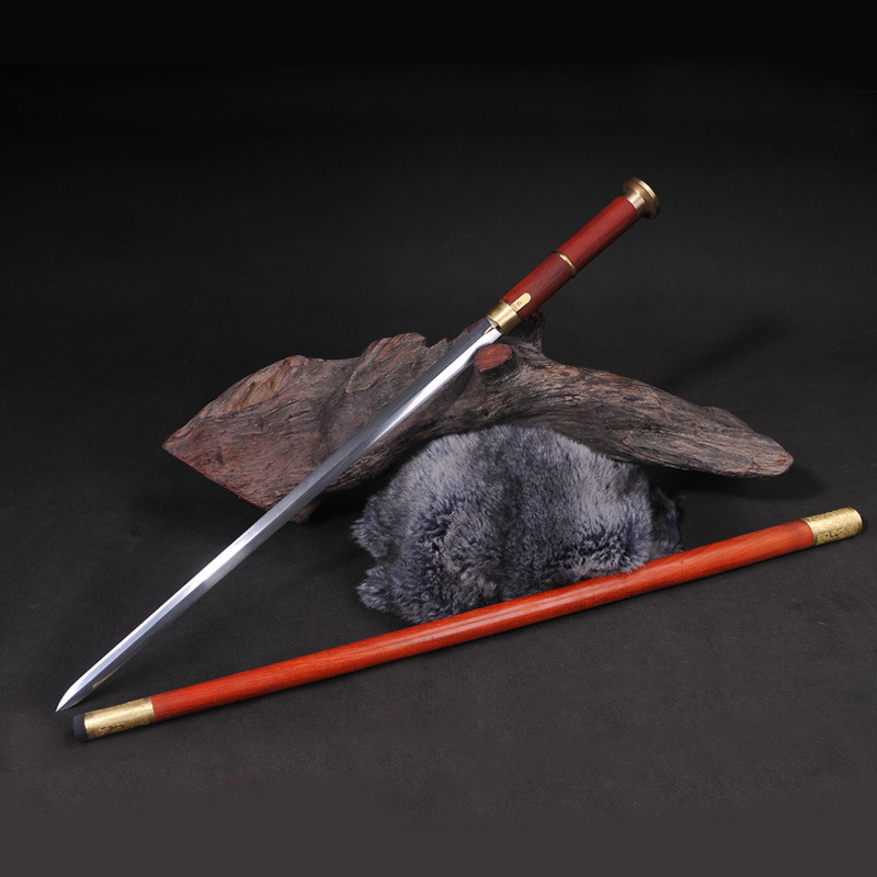 手杖剑带锁扣 花纹钢 拐杖剑红檀木 全铜装 精品登山剑 未开刃