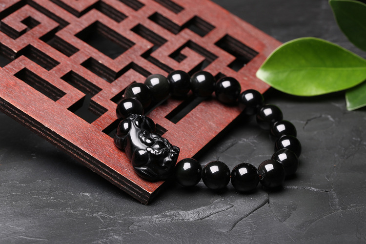 【配证书】厂家批发男女款情侣保平安天然黑曜石独角貔貅手链