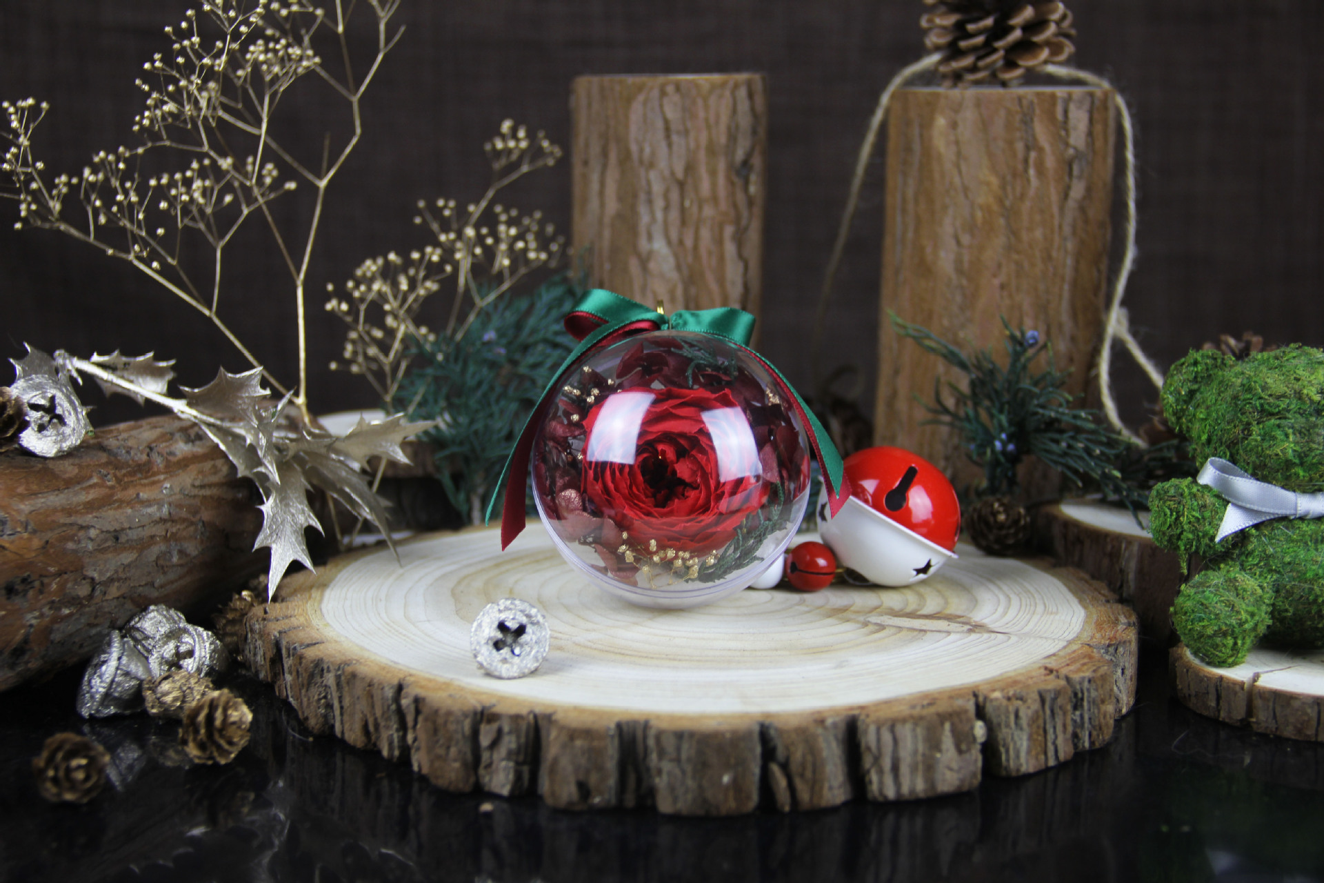 圣诞球挂件工厂定制透明球奥斯汀玫瑰永生花挂件钥匙扣