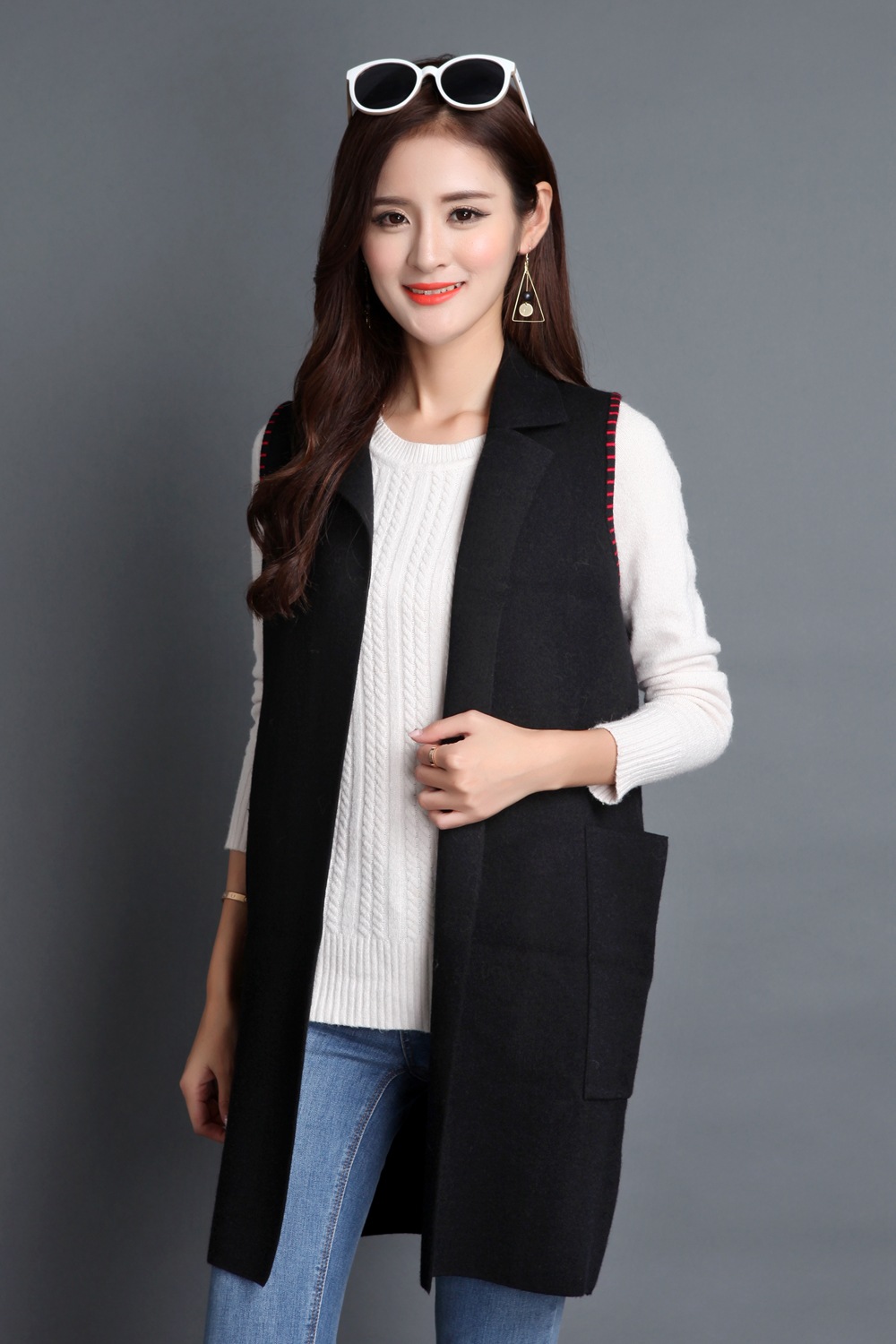 2016秋季新款女式马甲背心 翻领长款针织外套女装 厂家批发