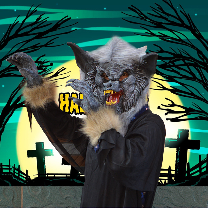 万圣节舞台演出头套野狼面具cosplay大灰狼头套月下狼人带毛狼妖