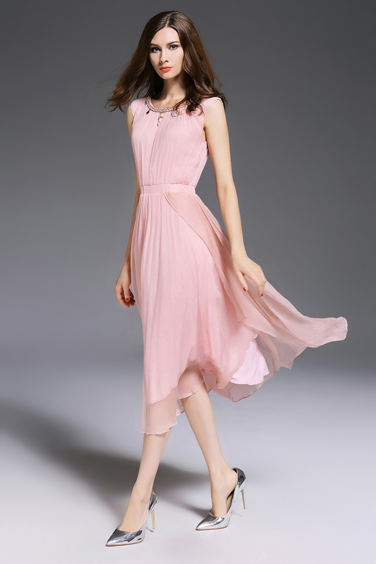 不规则下摆修身显瘦纯白色桑蚕丝连衣裙白色