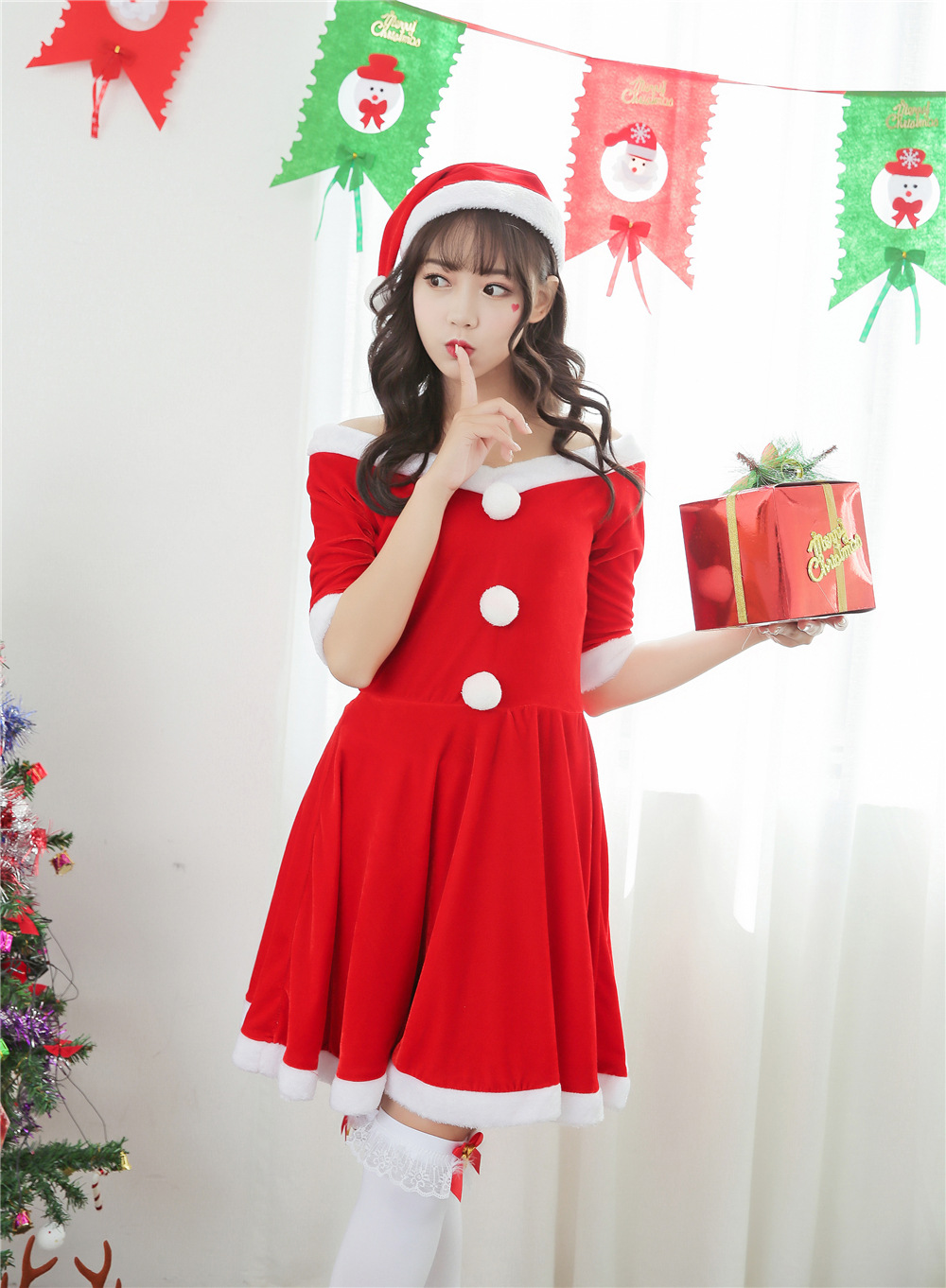 2016年新款圣诞节服装小露香肩性感圣诞裙派对聚会圣诞舞台演出服