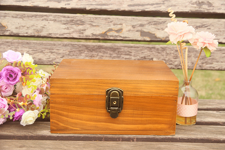 木质带锁木盒子长方形小物品收纳盒首饰照片a4纸票据杂志百宝箱