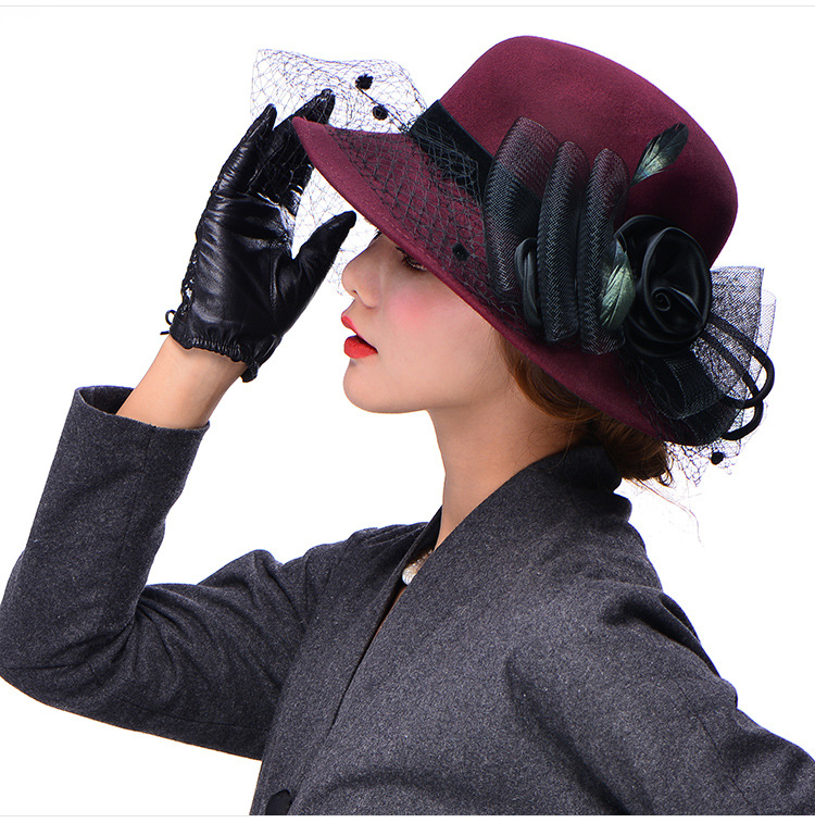 英伦复古赫本帽羊毛毡帽秋冬宴会礼帽女士保暖网纱帽蝴蝶结大檐帽