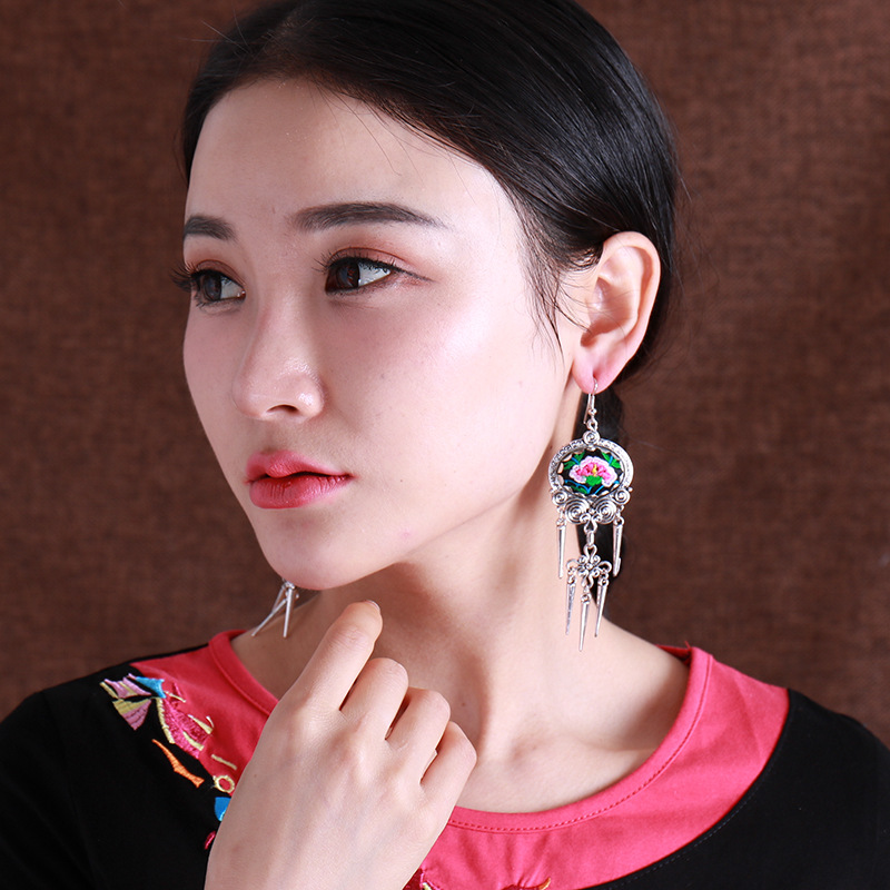 兰蝶民族风苗族刺绣流苏耳环复古苗银波西米亚长耳坠饰品厂家直销