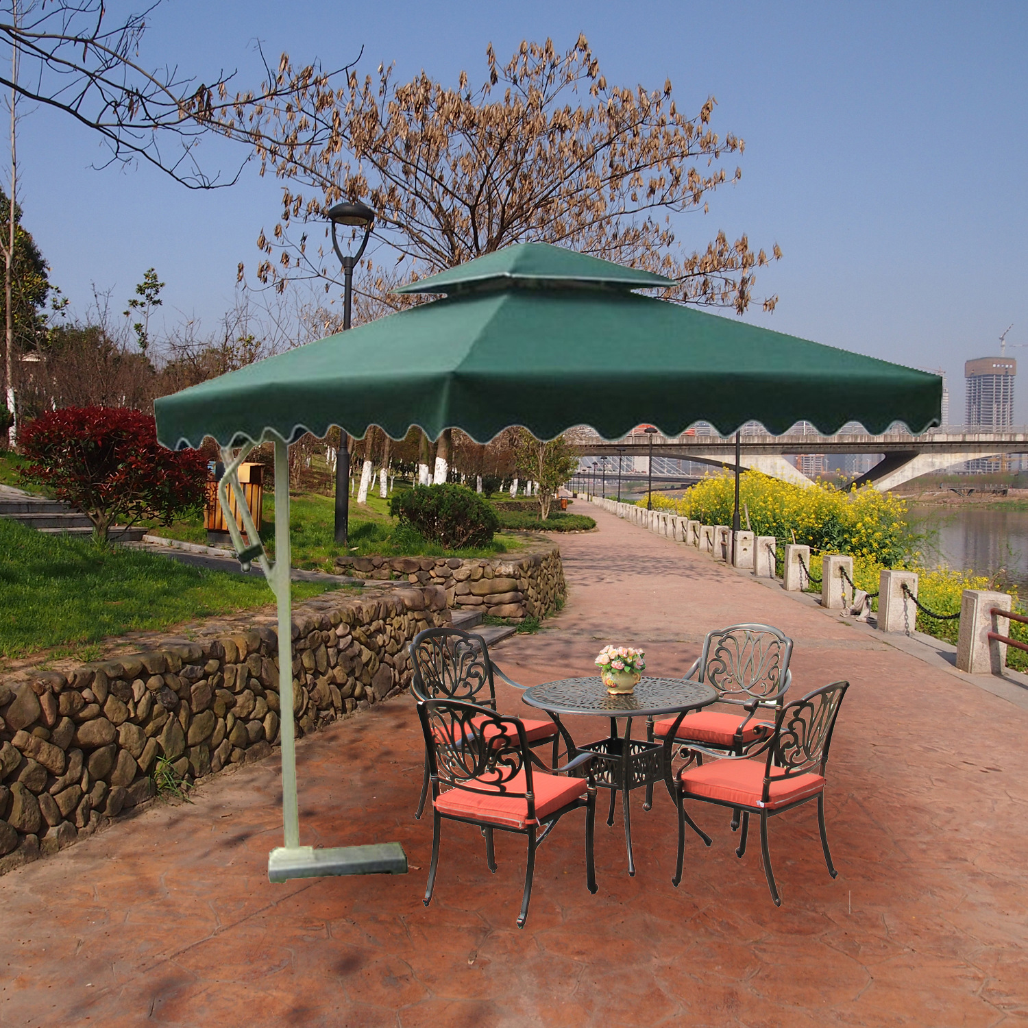 户外岗亭伞侧立边柱太阳伞/沙滩广场休闲伞门卫保安遮阳四方伞