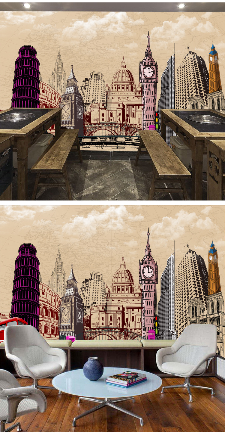定制个性复古手绘大型壁画酒吧餐厅壁纸休闲吧网咖客厅墙纸