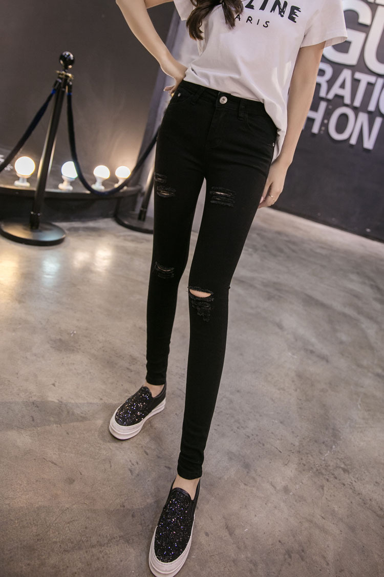 n美 破洞牛仔裤女中腰黑色弹力显瘦小