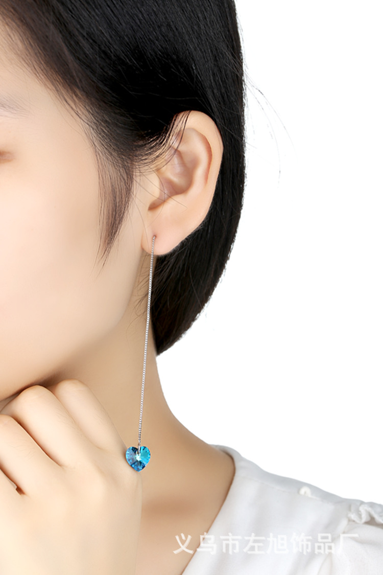韩国女式长款海洋之心耳环 925纯银 流苏耳钉 蓝水晶耳线厂家直销