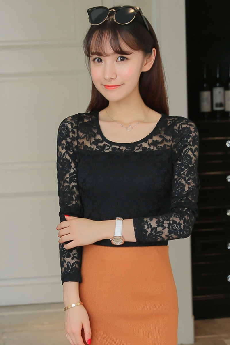 长袖女春秋季新款t恤网纱镂空蕾丝打底衫女长袖蕾丝衫 - 服装批发网