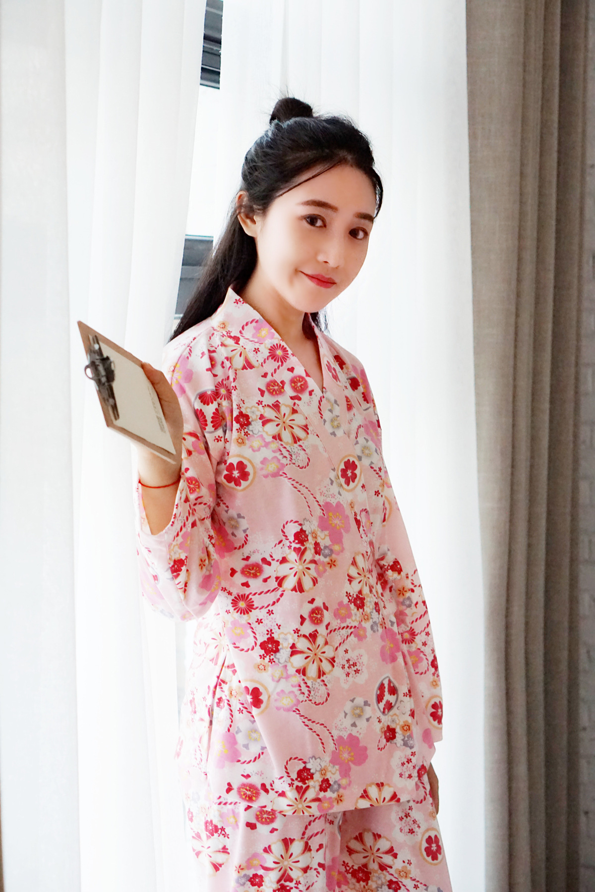 秋季和服日系睡衣 甜美樱花套装 针织棉少女家居服 斜襟绑带套装