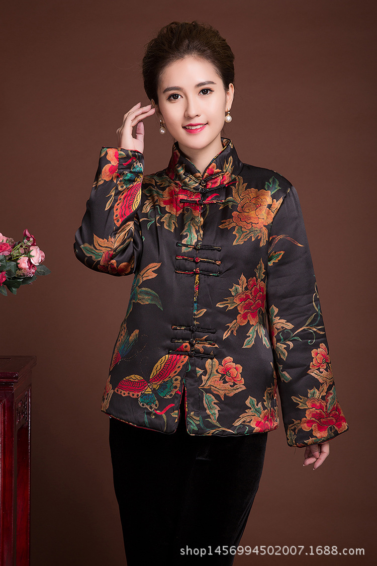 冬季新中老年真丝桑蚕丝缎面开衫长袖女装棉衣棉服上衣缎面棉衣