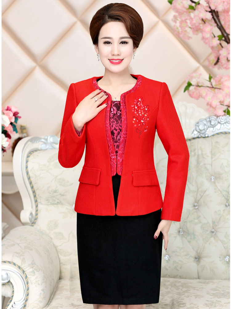 2016婚礼妈妈装冬装婚庆宴会婆婆礼服毛呢加厚保暖蕾丝红色套装裙