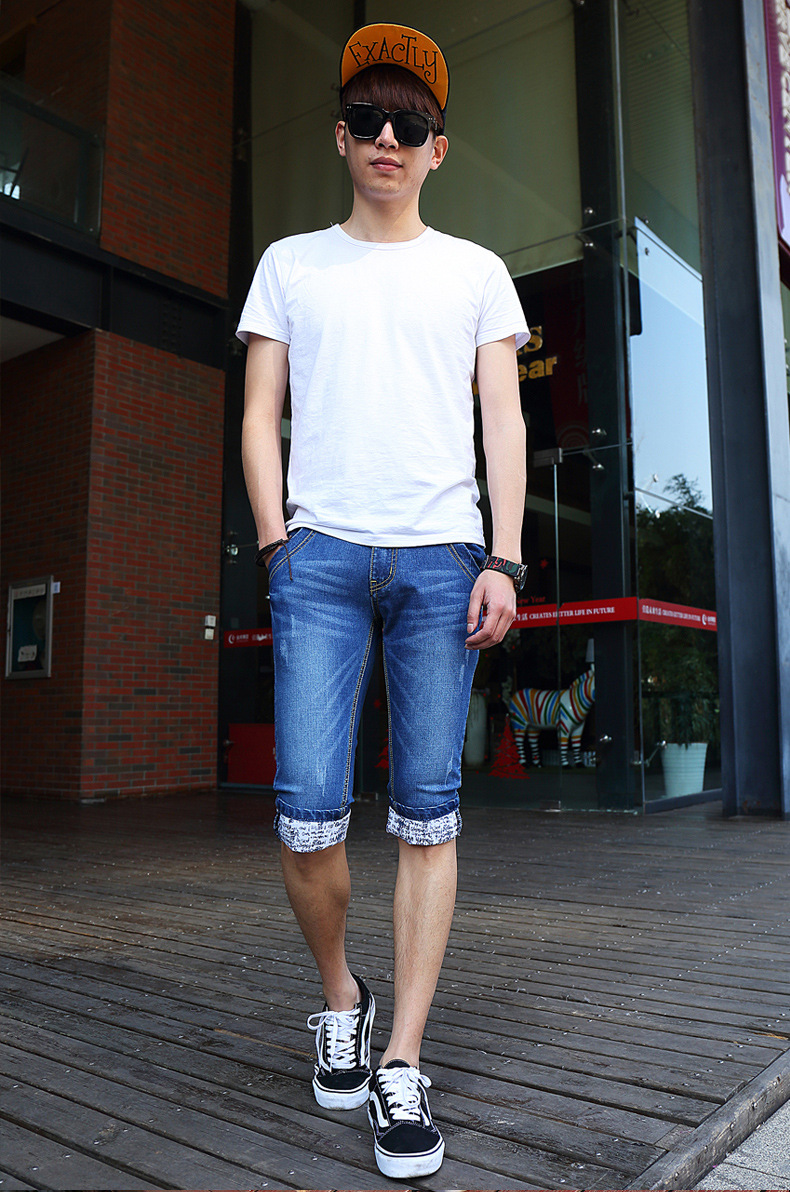 夏季新款休闲男式七分牛仔裤韩版修身休闲七分牛仔裤短一件代发