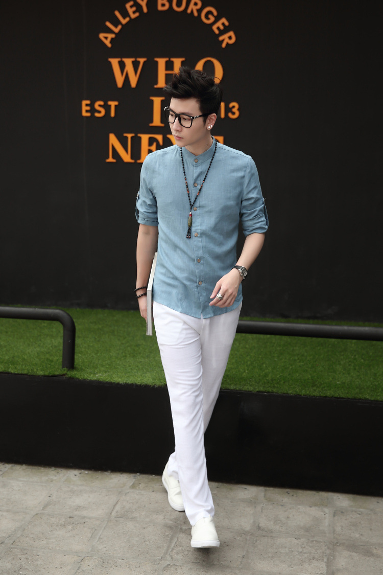 2018新款春夏男士长袖衬衫韩国亚麻韩版修身纯色男青年休闲男式衬