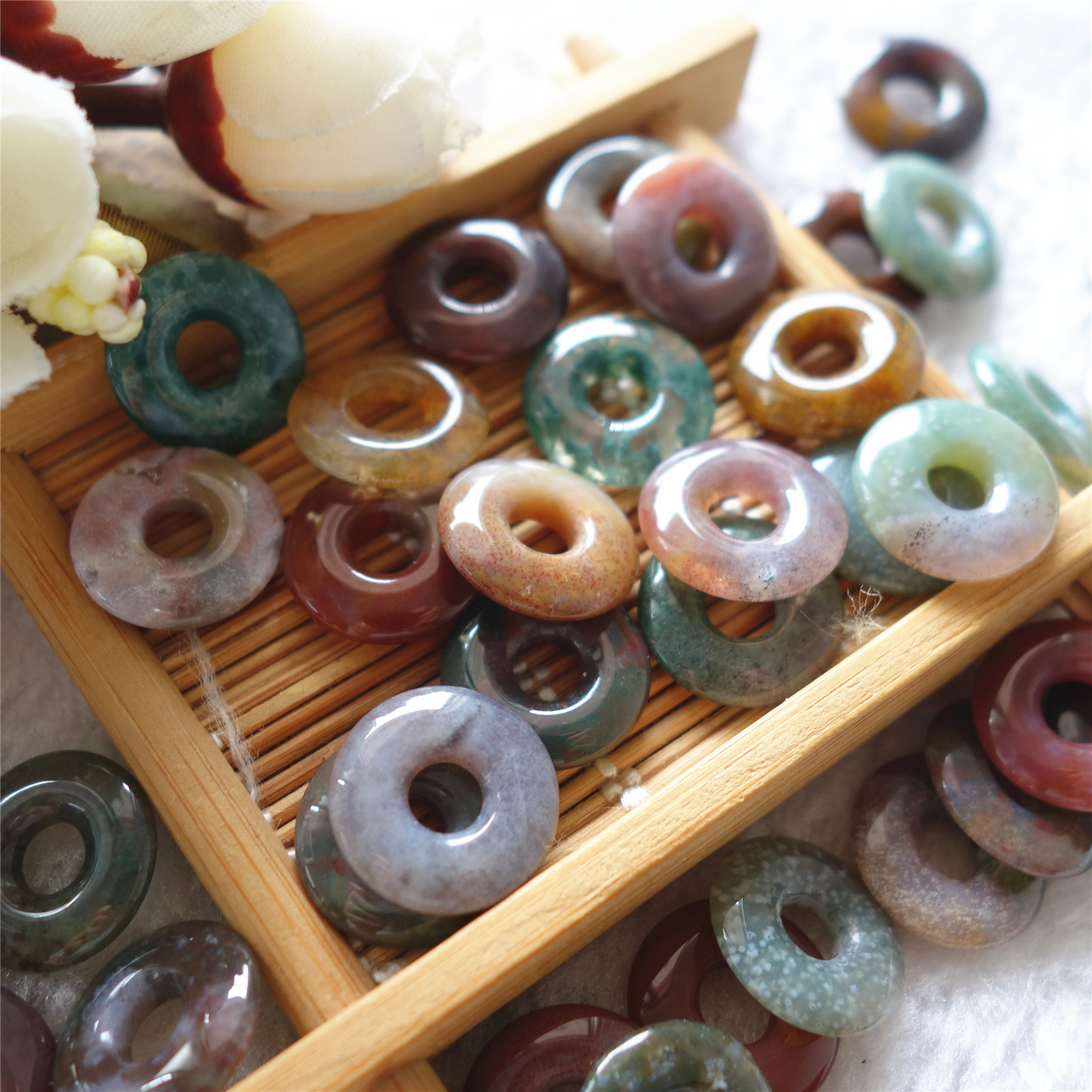 天然七彩玛瑙印度玛瑙怀古平安扣 手链耳环吊坠diy饰品配件15mm