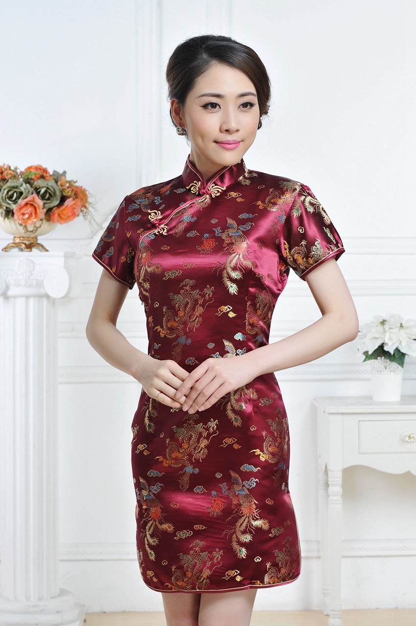 龙凤短旗袍 女士唐装夏装礼服斜襟短袖织锦缎演出服旗袍裙